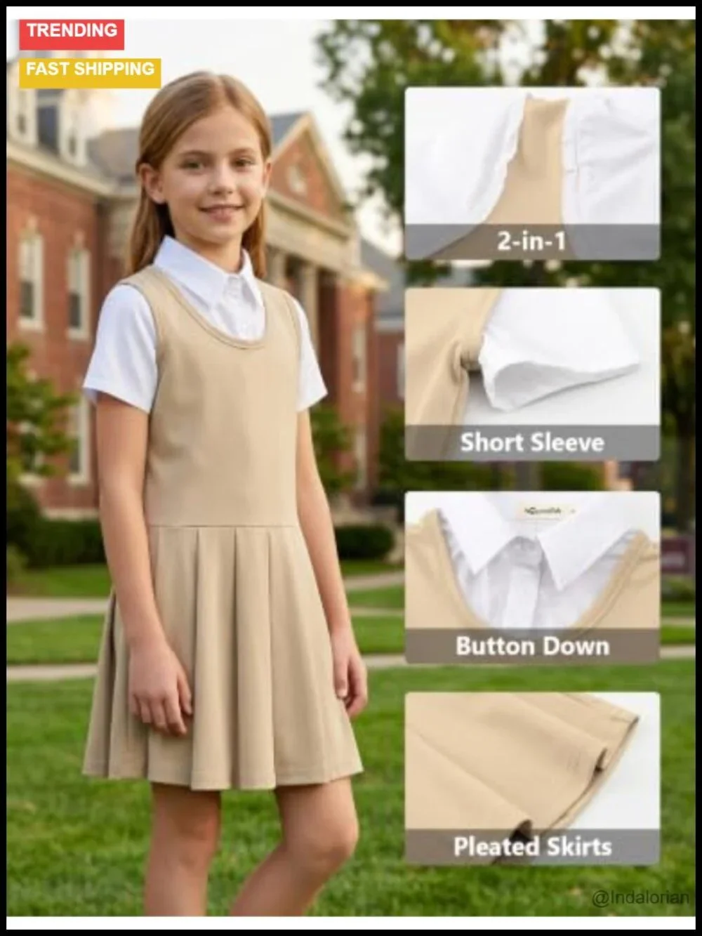 Girls 2-in-1 School Uniform Pleated Jumper Dress Short Sleeve Button Down